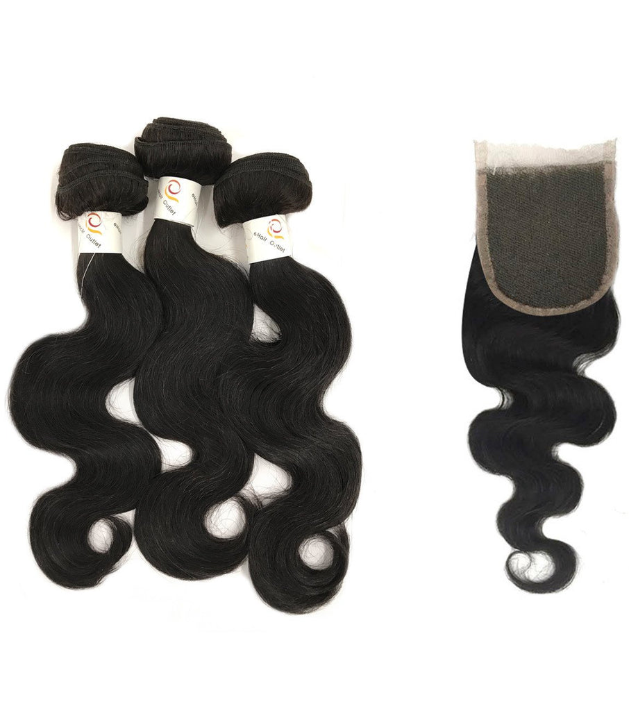 5A Brazilian 3 Bundle Set Body Wave Virgin Human Hair Extension w/ Remy Lace Closure - eHair Outlet